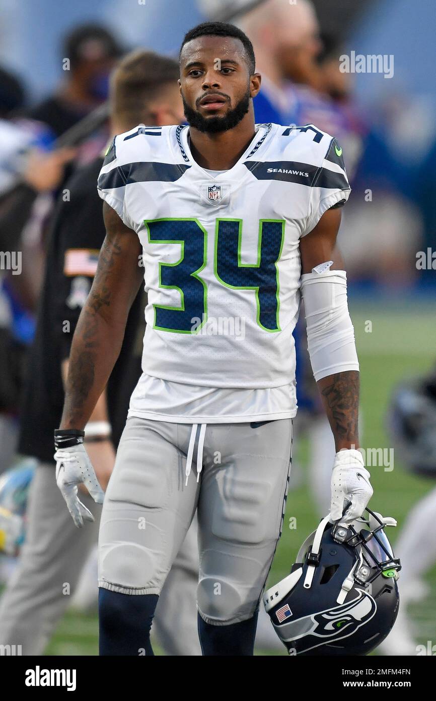 Seattle Seahawks cornerback Linden Stephens (34) reacts after the