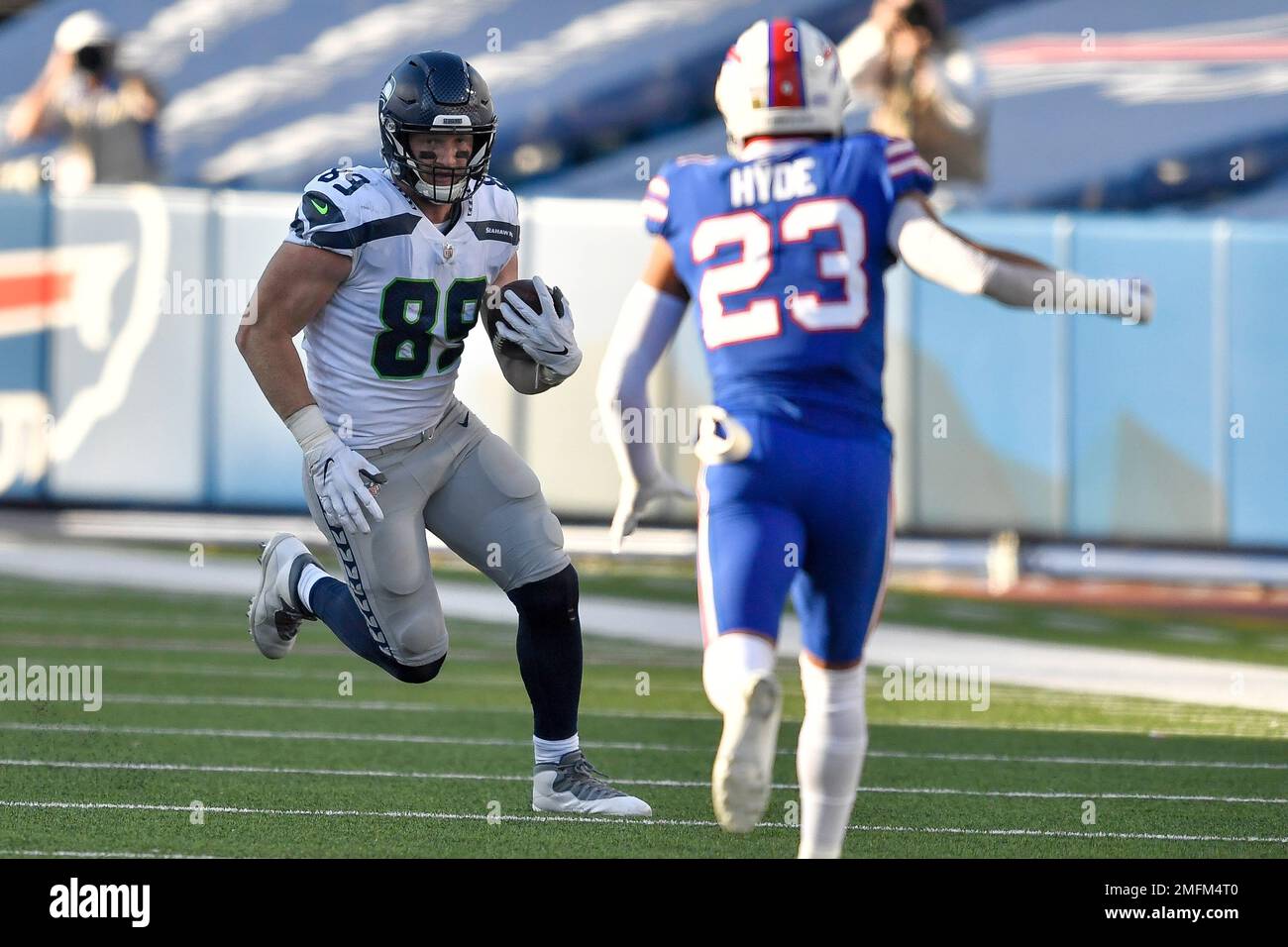 Seattle Seahawks tight end Will Dissly (89) carries the ball against the  Detroit Lions during the second half of an NFL football game Sunday, Sept.  17, 2023, in Detroit. (AP Photo/Duane Burleson