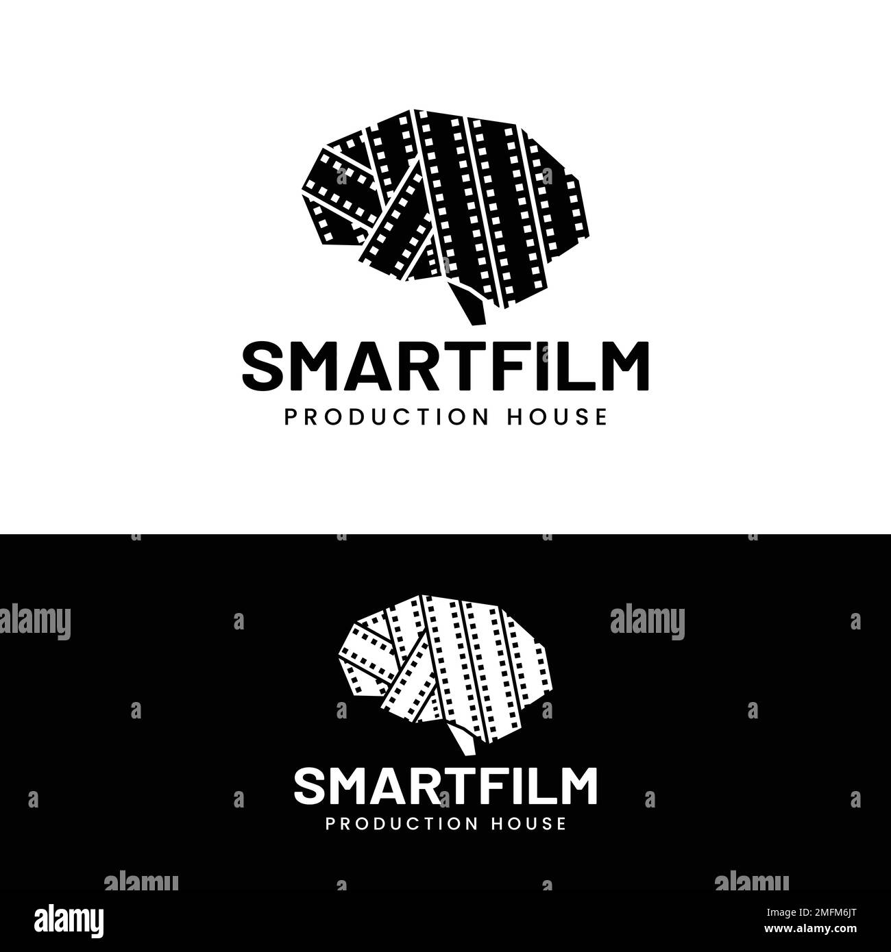 Smart Brain with Filmstrip Stripe Logo Design Template. Suitable for Cinematography Video Film Movie Production Studio Cinema Theater Industry Label Stock Vector