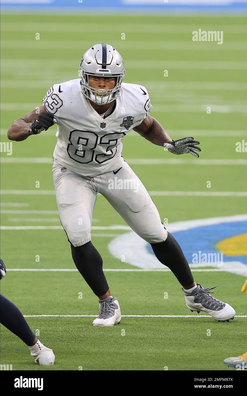 Tight end (83) Darren Waller of the Las Vegas Raiders warms up before  playing against the Los Angeles Chargers in an NFL football game, Sunday,  Sept. 11, 2022, in Inglewood, Calif. Chargers