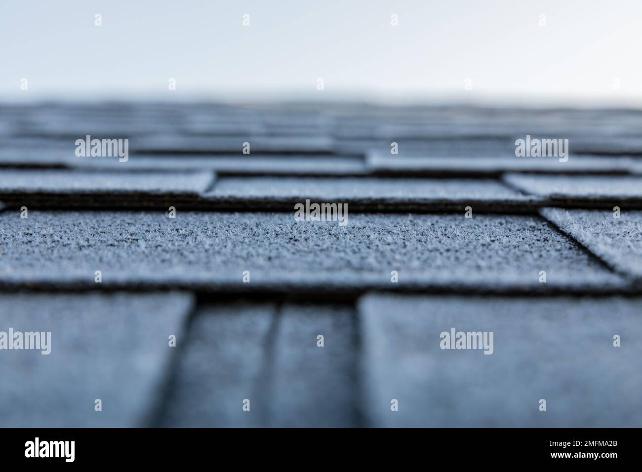 Frosted roof covered with bitumen shingles. The beginning of winter