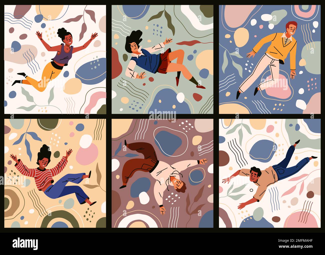 Abstract shapes and floating people. Bright inspiration concept, guys ...