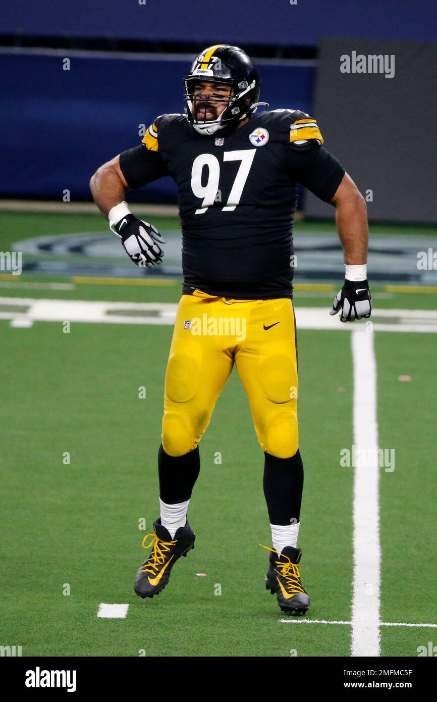 Pittsburgh Steelers defensive tackle Cameron Heyward (97) during warmups of  the Steelers 26-20 preseason win over the Detroit Lions at Heinz Field on  August 21, 2021 in Pittsburgh. Photo by Archie Carpenter/UPI