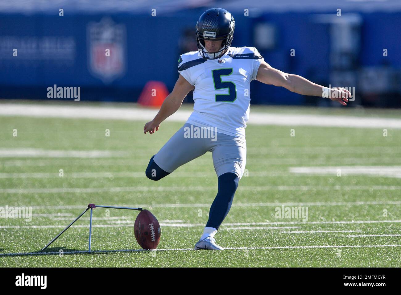 Seattle Seahawks kicker Jason Myers (5) warms up before an NFL