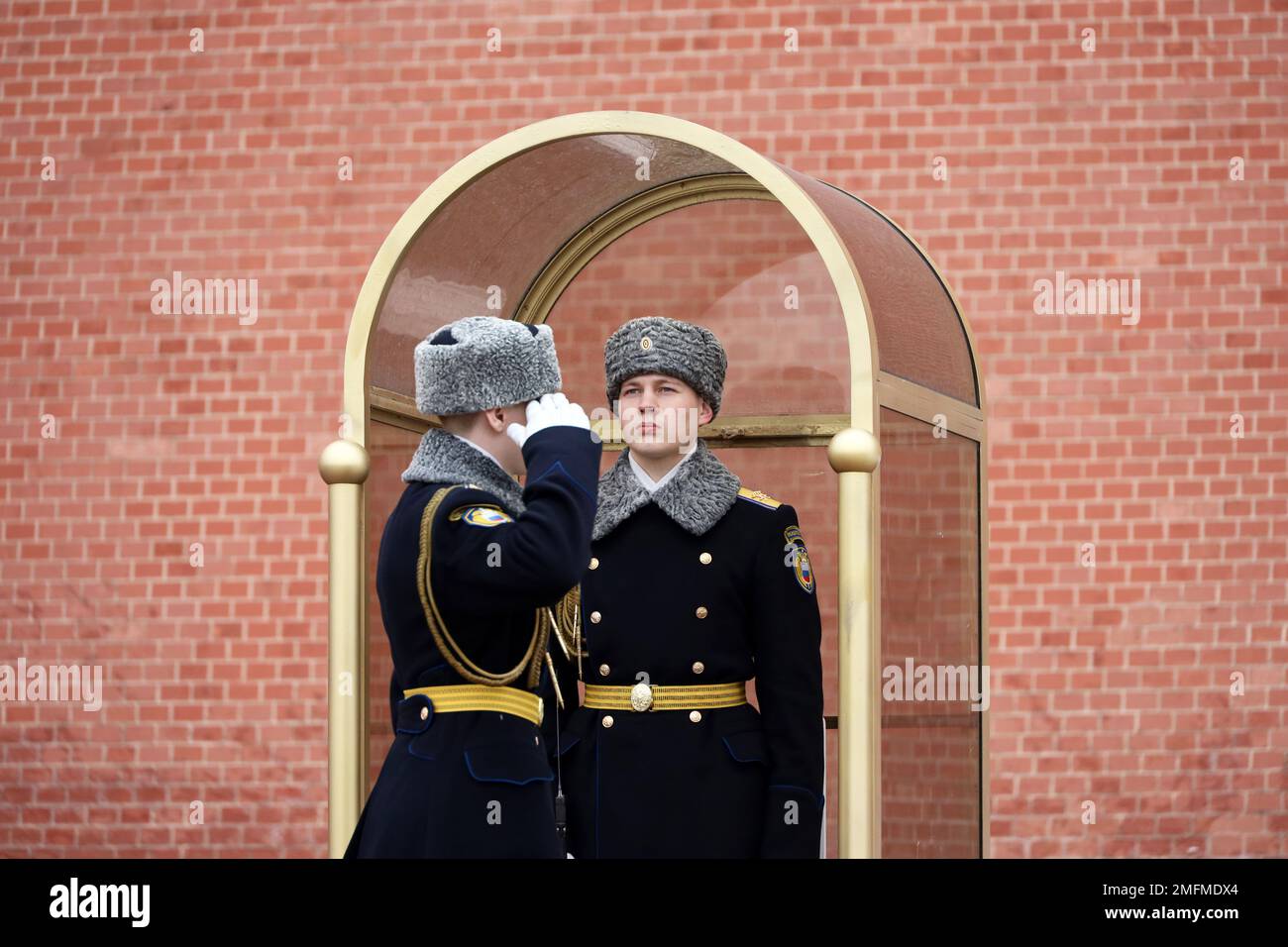 Russian soldiers near the Kremlin wall in winter. Change of Honor guard of the Presidential regiment of Russia Stock Photo
