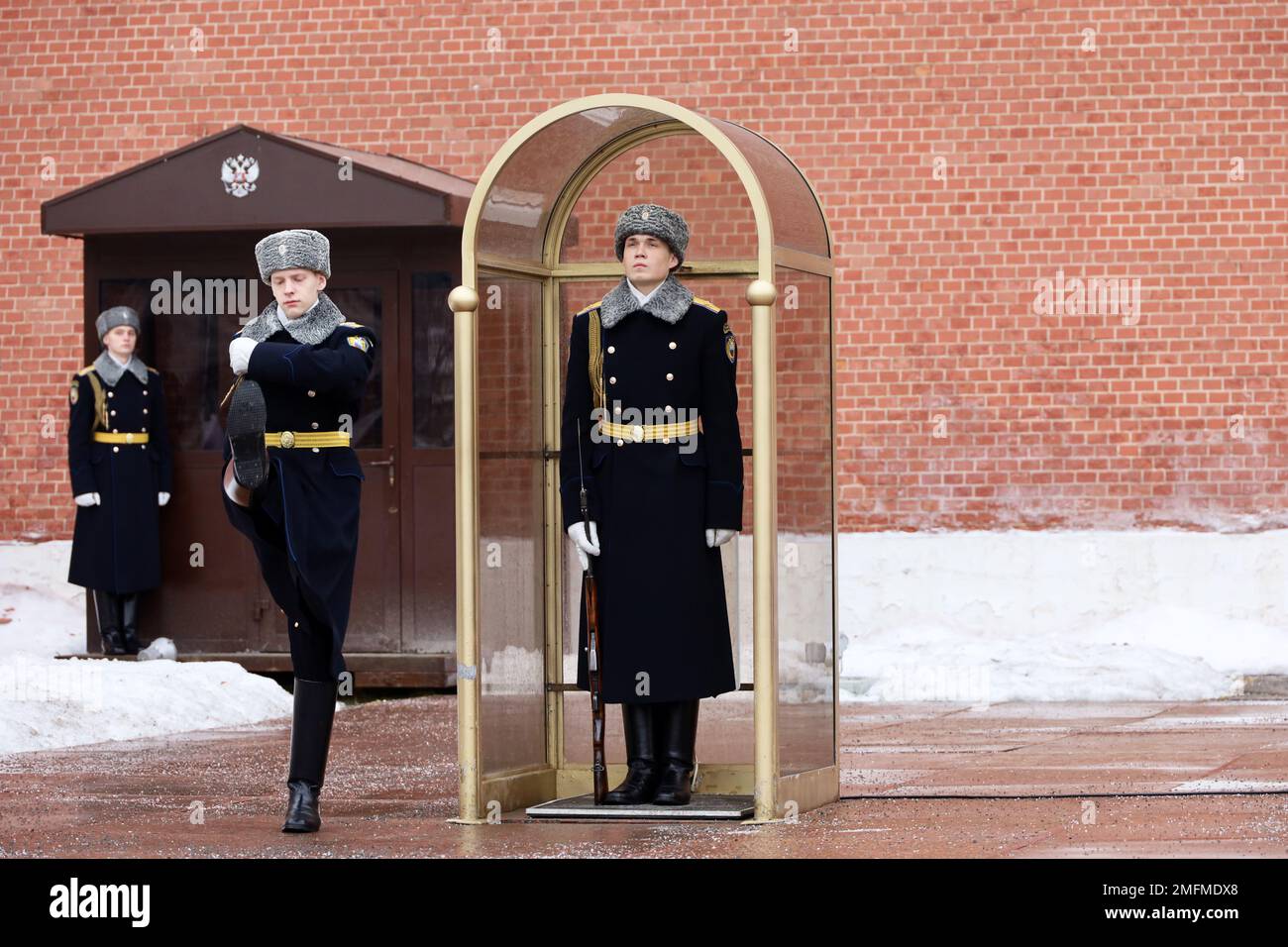 Russian soldiers near the Kremlin wall in winter. Honor guard of the Presidential regiment of Russia Stock Photo