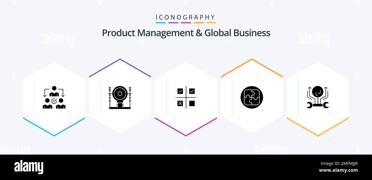 Product Managment And Global Business 25 Glyph icon pack including solution. plan. power. management. product Stock Vector