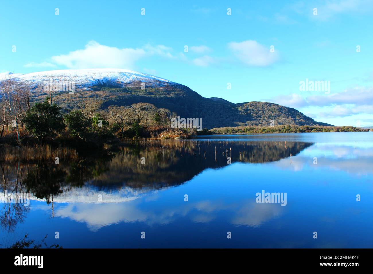 Snow topped Purple Mountain and Tomies Mountain reflected in Muckross Lake in winter on sunny afternoon - Killarney National Park, Co. Kerry, Ireland. Stock Photo