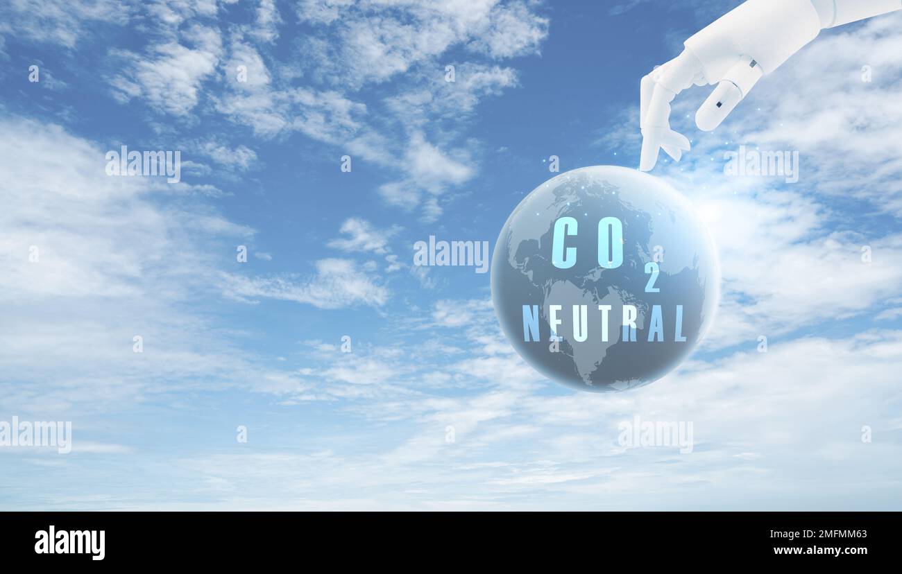 Carbon neutral concept. Robot hand touch CO2 neutral in globe map on blue sky background. Carbon neutral web banner. Global carbon neutrality concept. Stock Photo