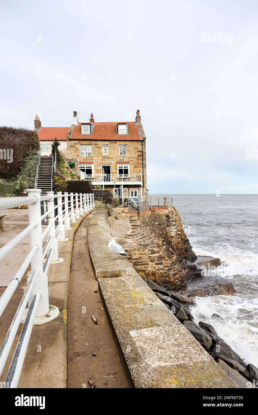 Seafront houses in Robin Hood’s Bay viewed from the Quarterdeck, North Yorkshire, UK Stock Photo