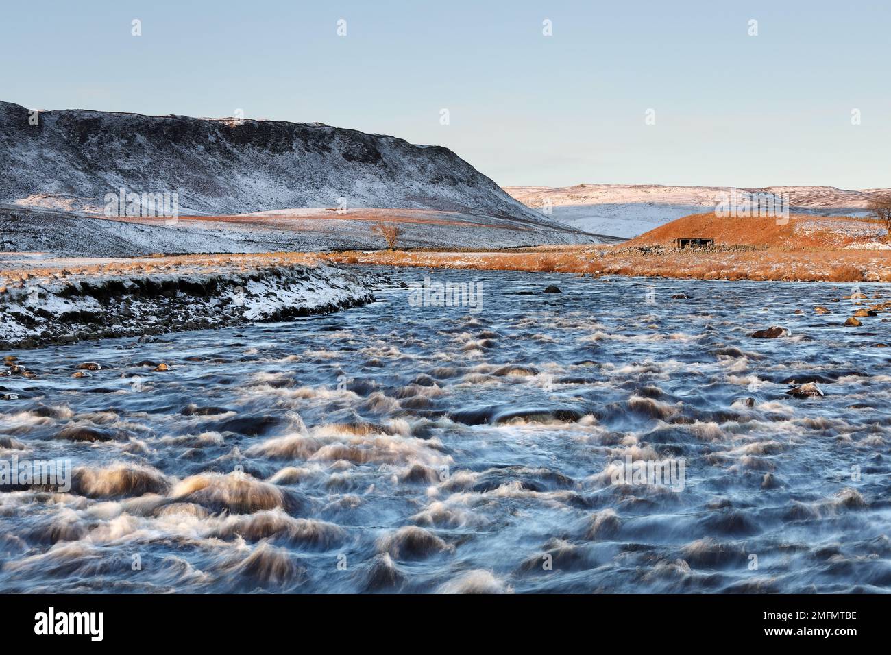 The River Tees and Cronkley Fell viewed from the Pennine Way at the Confluence of the River Tees and Harwood Beck in Winter, Forest-in-Teesdale, Count Stock Photo