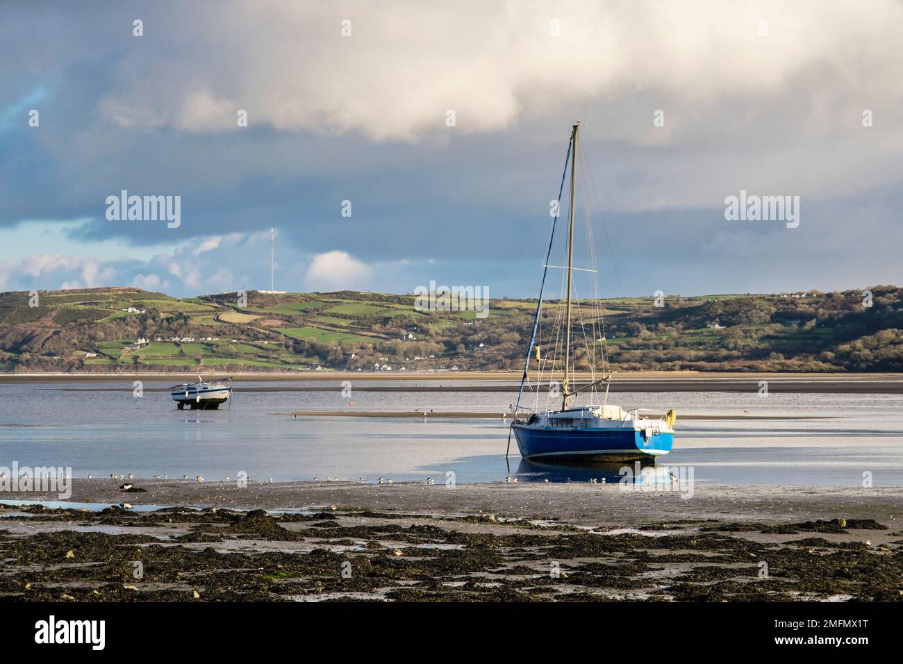 Grounded boats wait for tide to come in and wading birds feed in mud on shoreline. Red Wharf Bay (Traeth Coch), Benllech, Isle of Anglesey, Wales, UK Stock Photo