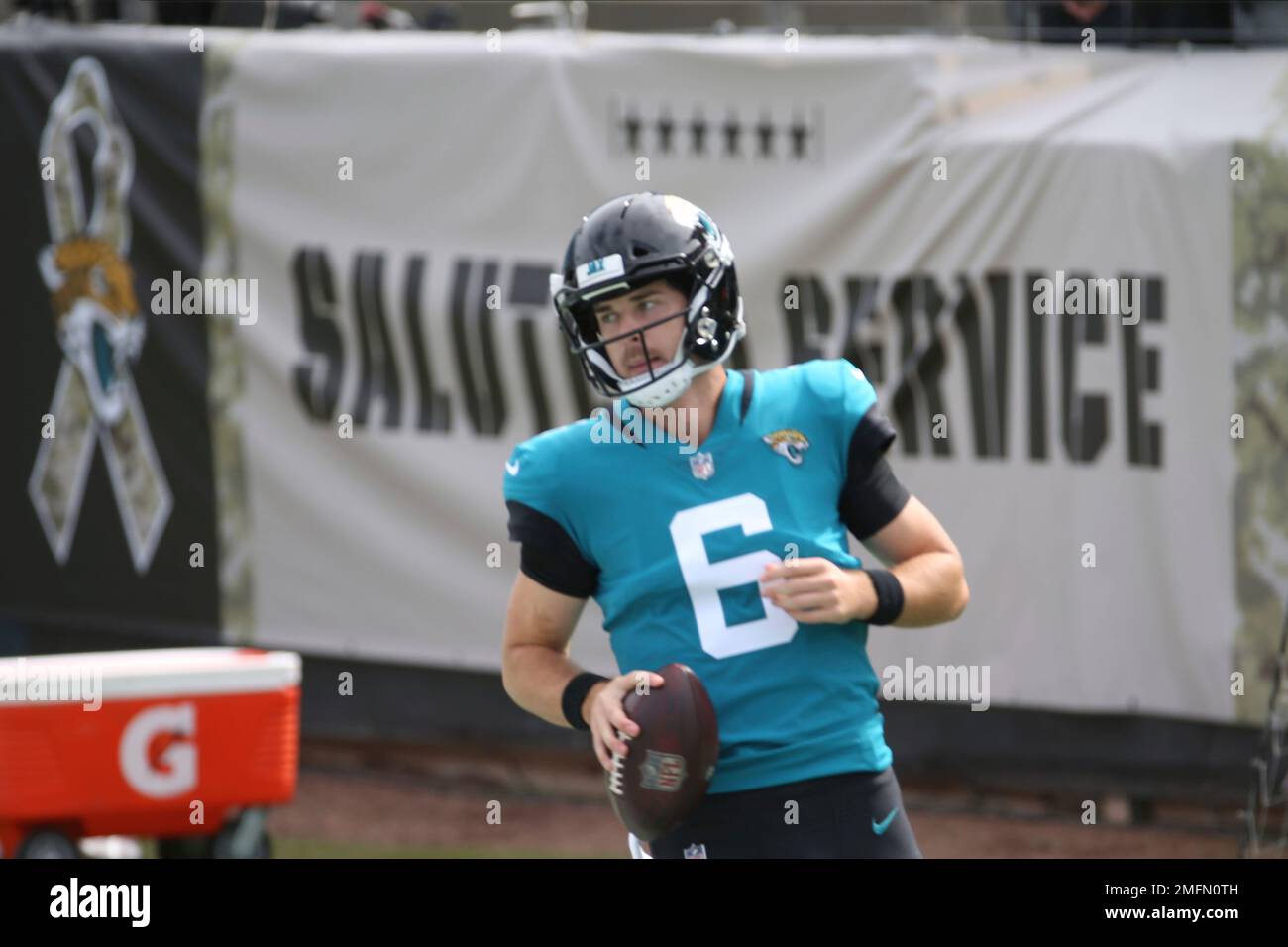 Jacksonville Jaguars quarterback Jake Luton (6) warms up before an NFL football game against the