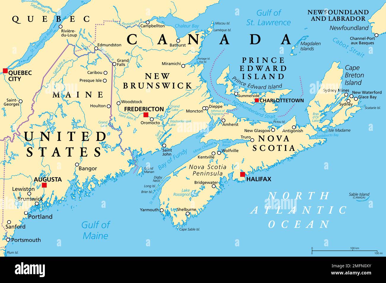 The Maritimes, also called Maritime provinces, a region of Eastern Canada, political map, with capitals, borders and largest cities. Stock Photo