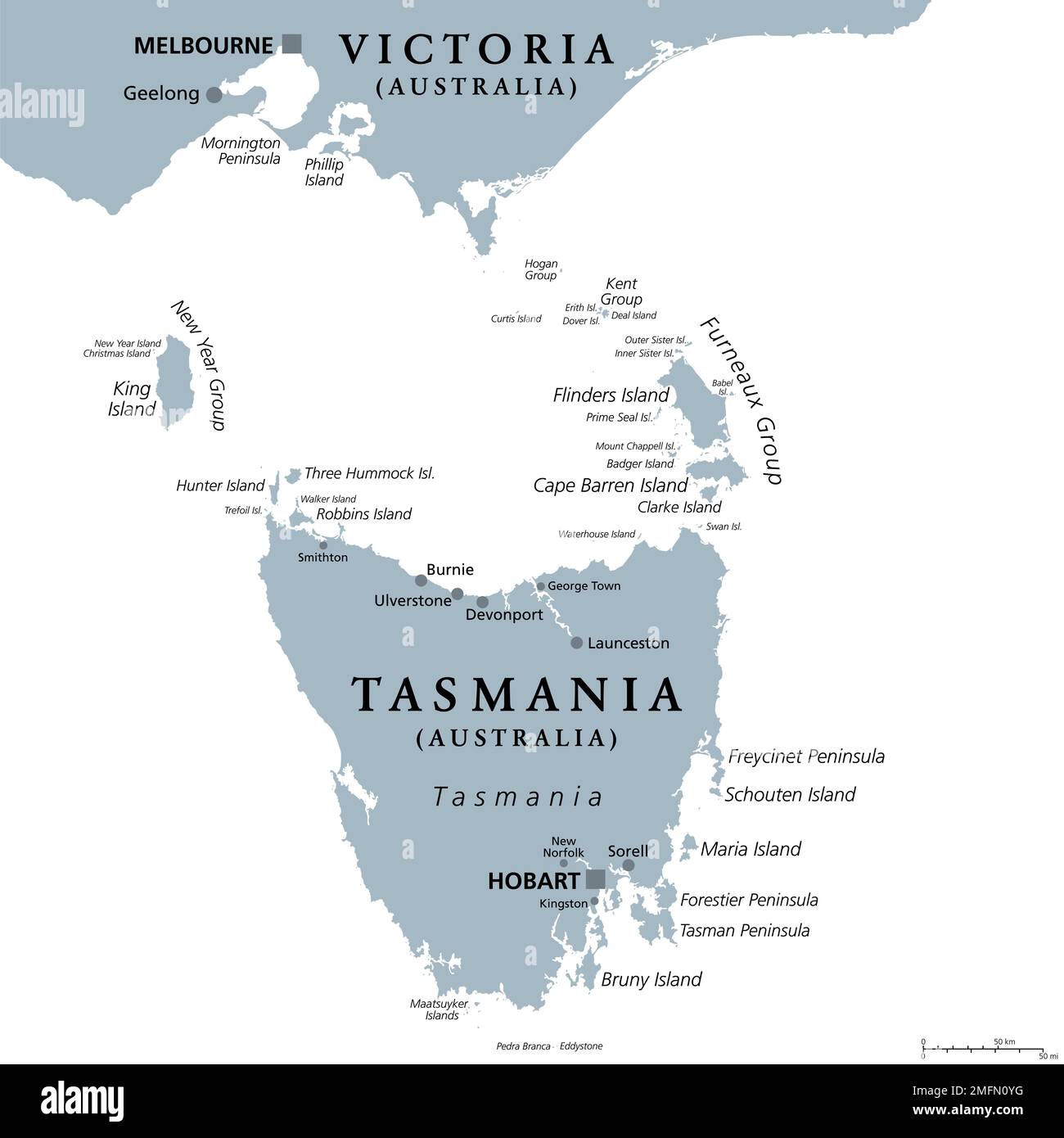 Tasmania and the surrounding area, gray political map. Australian island state with capital Hobart, south of Victoria and the Australian mainland. Stock Photo