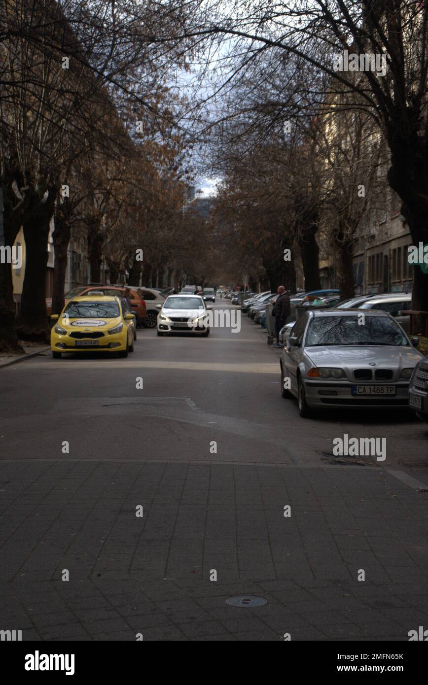 A vertical shot of cars parked on a narrow street surrounded by ...