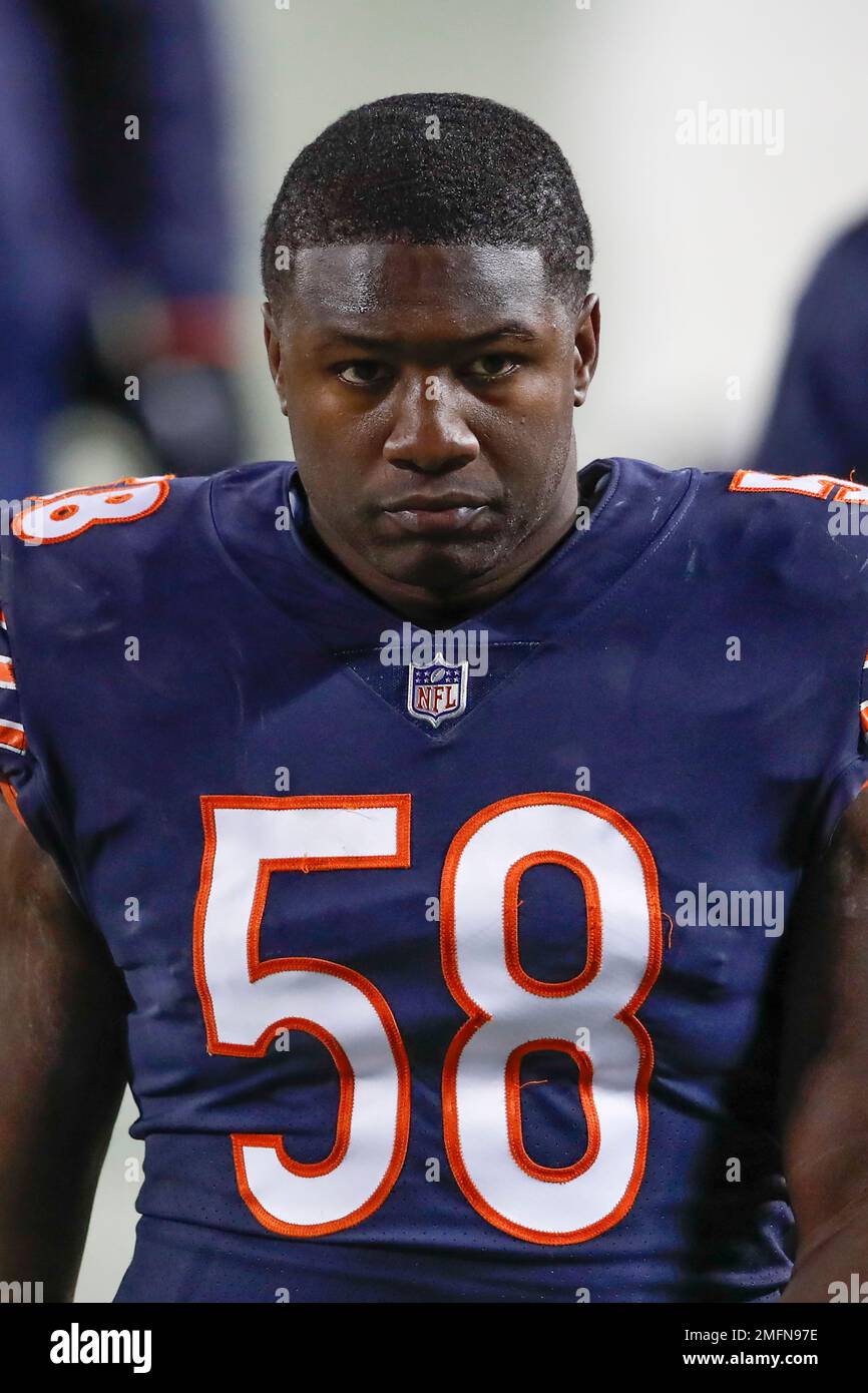Chicago Bears inside linebacker Roquan Smith (58) walks off the field after an NFL football game against the New Orleans Saints, Sunday, Nov. 1, 2020, in Chicago. (AP Photo/Kamil Krzaczynski) Stock Photo