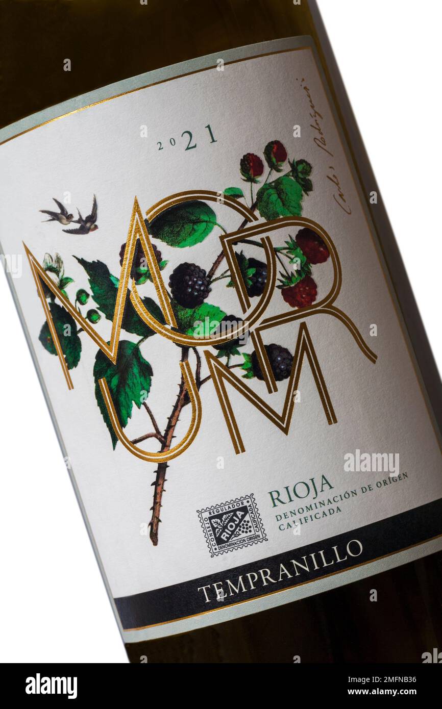 Label on Morum Rioja tempranillo bottle of red wine product of Spain