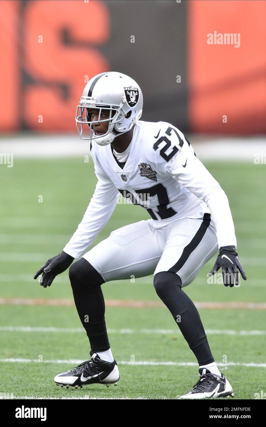 Las Vegas Raiders cornerback Trayvon Mullen (27) defends during an NFL  football game against the Cleveland Browns, Sunday, Nov. 1, 2020, in  Cleveland. The Raiders won 16-6. (AP Photo/David Richard Stock Photo - Alamy