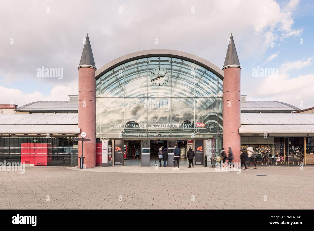 Entrance to Marne La Vallée Chessy Railway Station in Disneyland Paris in France. It is a large combined commuter rail and high-speed railstation. Stock Photo