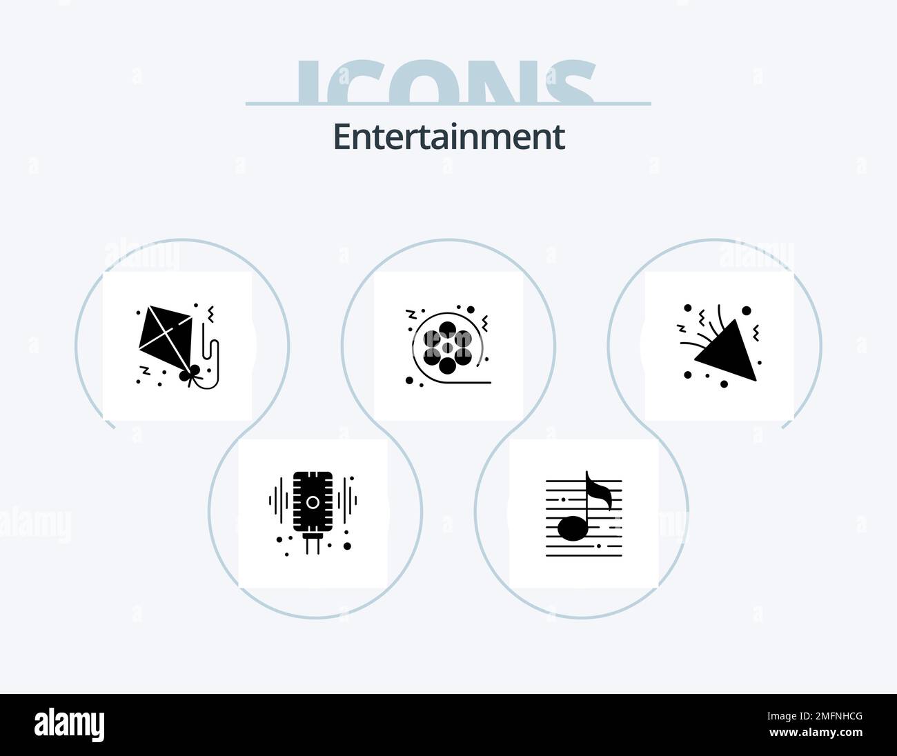Entertainment Glyph Icon Pack 5 Icon Design. video. movie. sound. film. fly Stock Vector