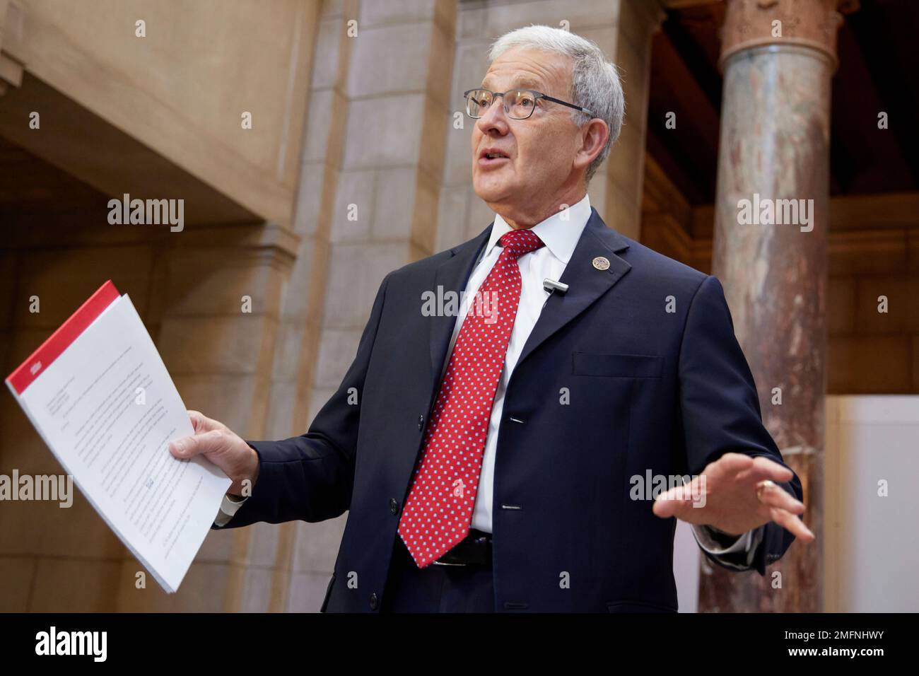 Nebraska Secretary of State Bob Evnen holds a news conference in Lincoln, Neb., Wednesday, Nov