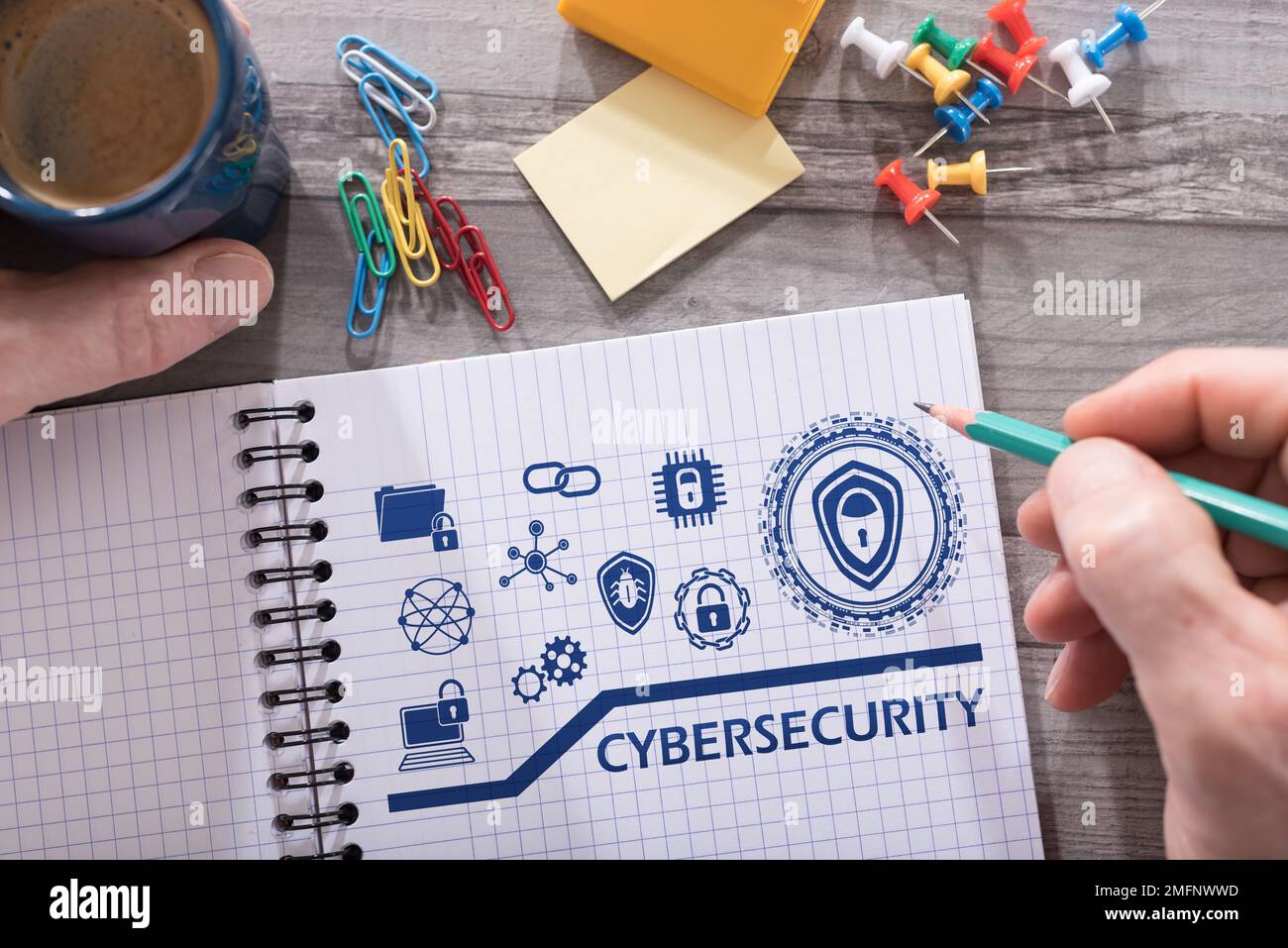 Cybersecurity concept drawn on a notepad placed on a desk Stock Photo
