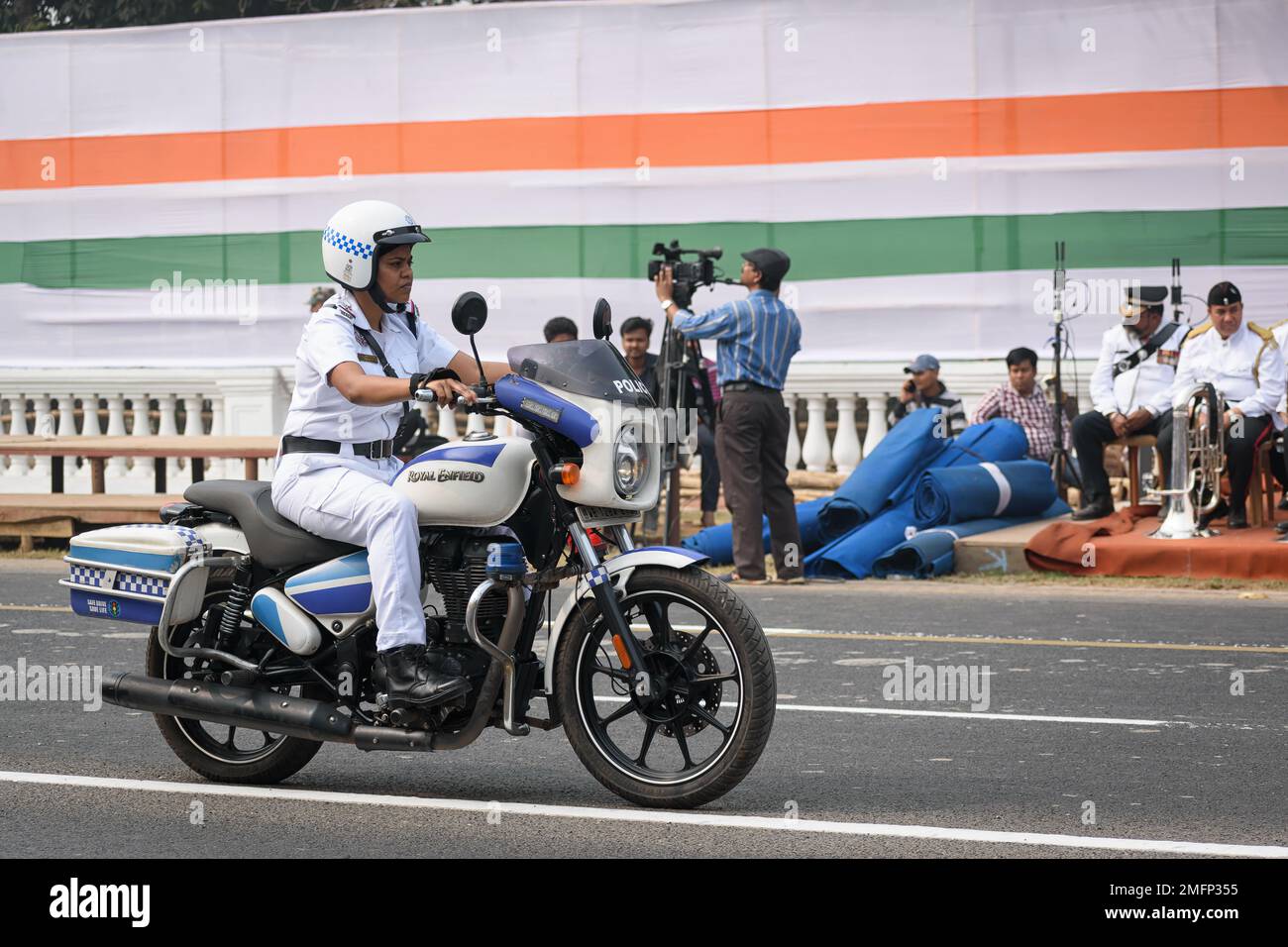 Kolkata Police Lady Officers on motorcycle preparing for taking part in the upcoming Indian Republic Day parade at Indira Gandhi Sarani, Kolkata, West Stock Photo