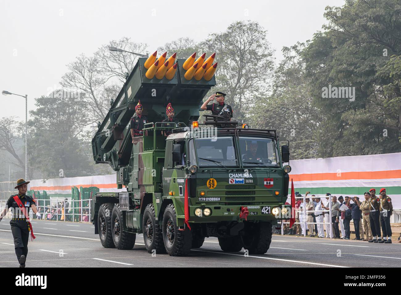 Pinaka multi barrel rocket launcher operators preparing for taking part in the upcoming Indian Republic Day parade at Indira Gandhi Sarani, Kolkata, W Stock Photo