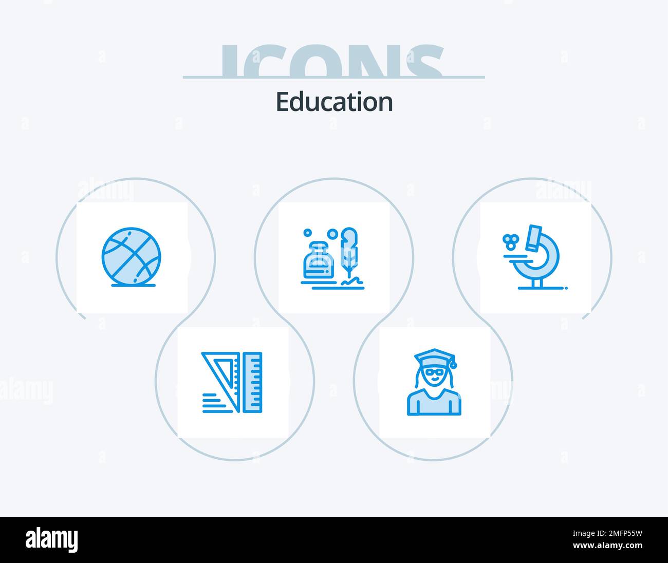 Education Blue Icon Pack 5 Icon Design. education. office. ball. letter. erite Stock Vector