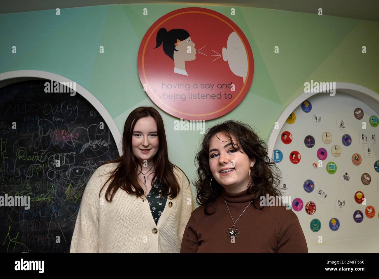 Aine Dempsey (left) and Jessica Dunne of UNICEF Ireland, attend a live screening of the UN Committee on the Rights of the Child meeting with the Irish government hosted by the Ombudsman for Children’s Office in Dublin. Picture date: Wednesday January 25, 2023. Stock Photo