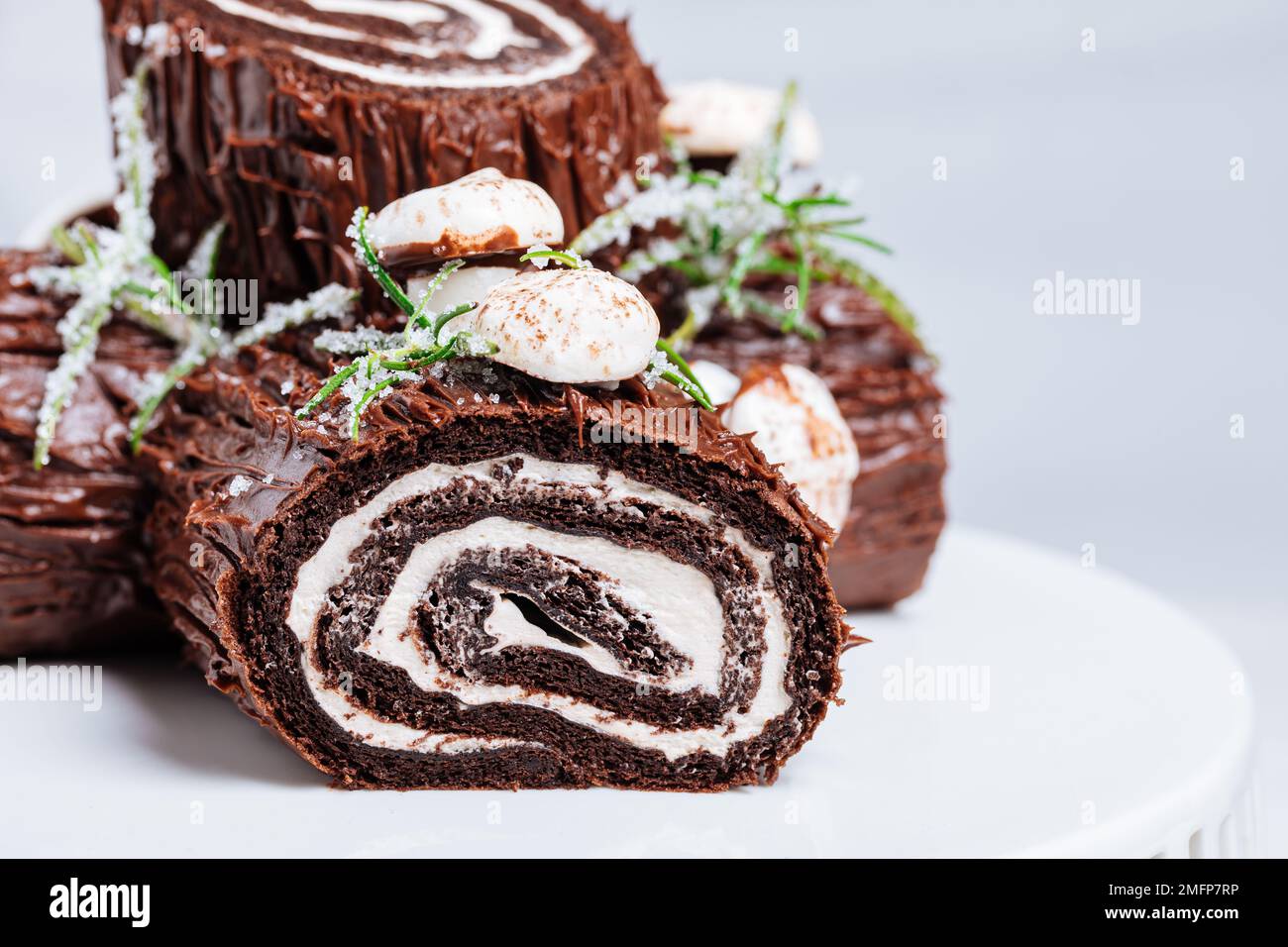 French dessert called Yule log or bûche de Noël with merengue mushrooms and leaves on top of chocolate glazing. Placed in front of Christmas tree. Dec Stock Photo