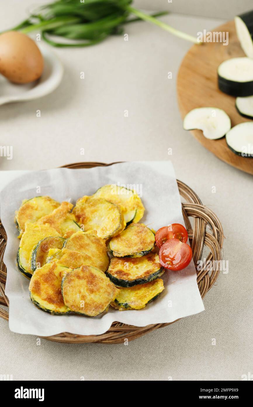 Hobak Jeon, Korean Green Zucchini Pancake. Pan Fried Sliced Zucchini