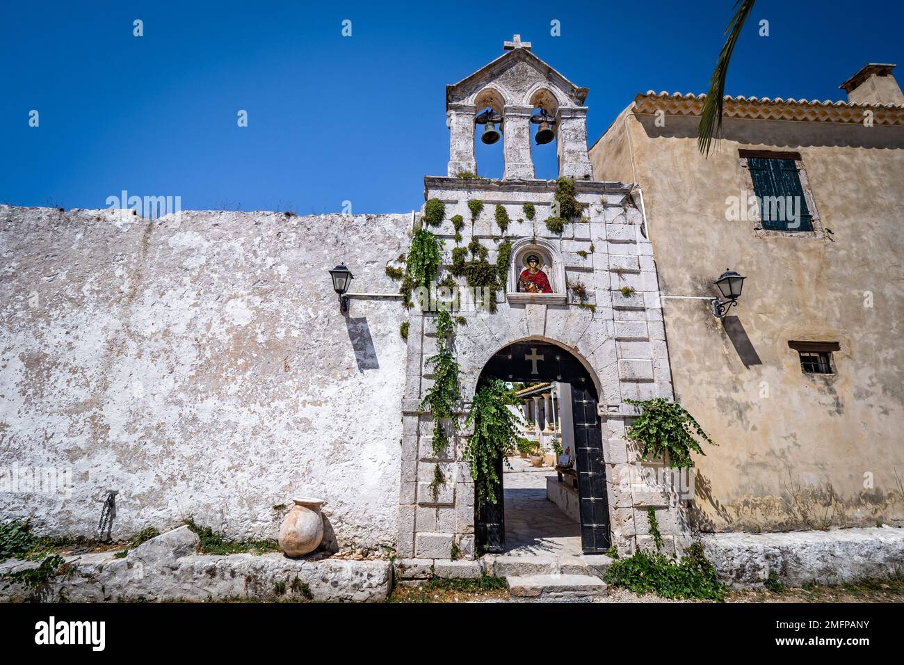Exterior view of the 16th century Greek Orthodox monastery of Agios Georgios Krimnon on Zakynthos island, Zante, Greece Stock Photo