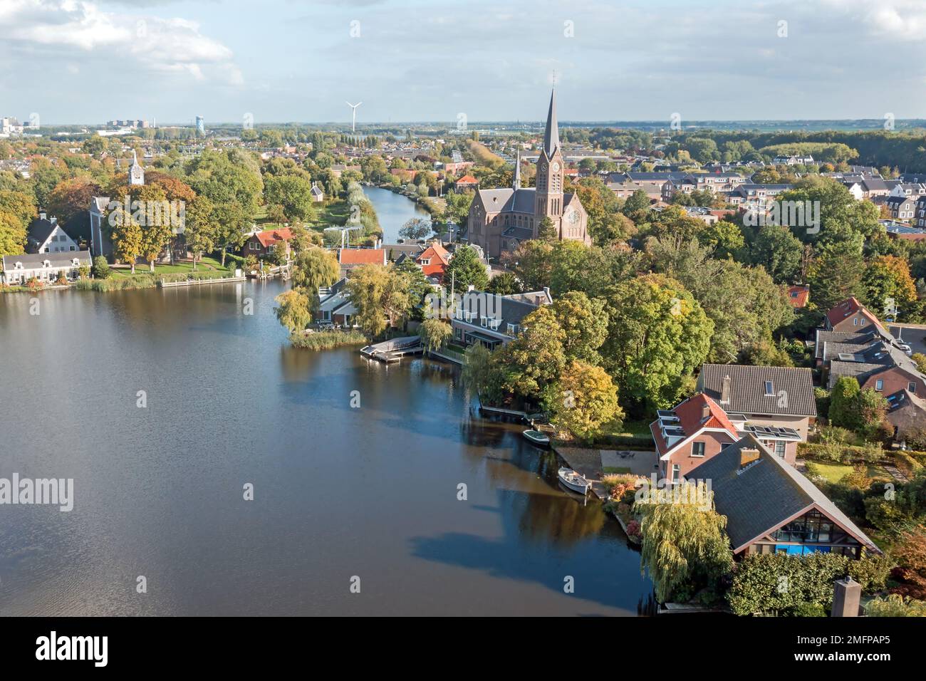 Aerial from the traditional city Oudekerk aan de Amstel in the Netherlands Stock Photo