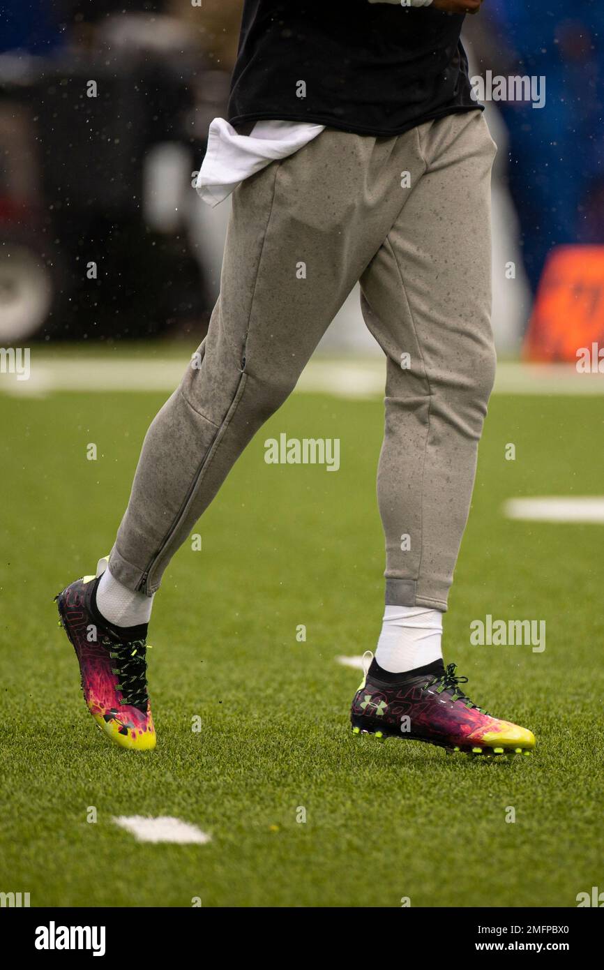 Detail view of custom Under Armour football cleats worn by New England  Patriots quarterback Cam Newton (1) before an NFL football game against the  Buffalo Bills, Sunday, Nov. 1, 2020, in Orchard