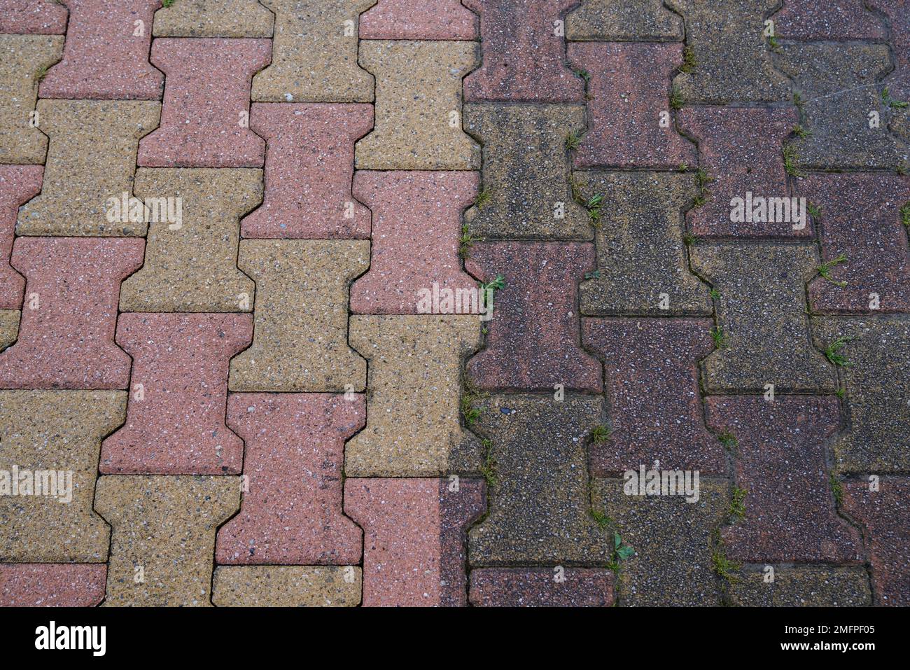garden paved path floor slabs interlock half clean and dirty after an