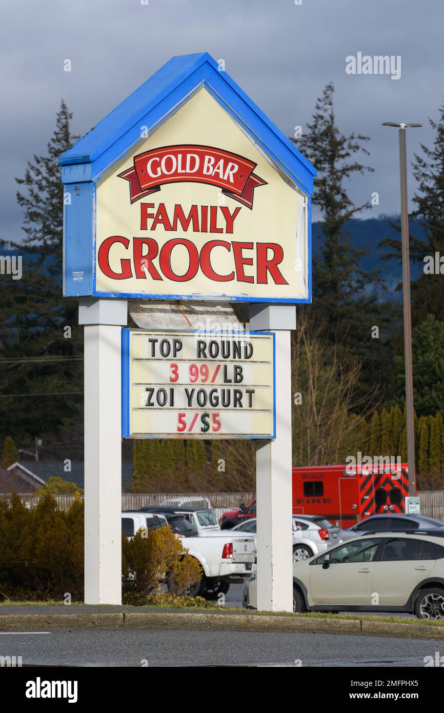 Gold Bar, WA, USA January 16, 2023; Roadside sign for Gold Bar Family