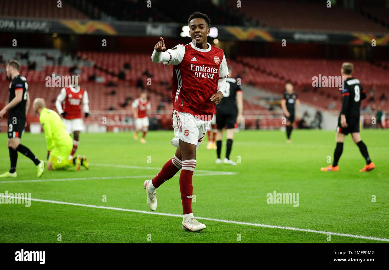 Arsenal s Joe Willock celebrates after scoring his team s second
