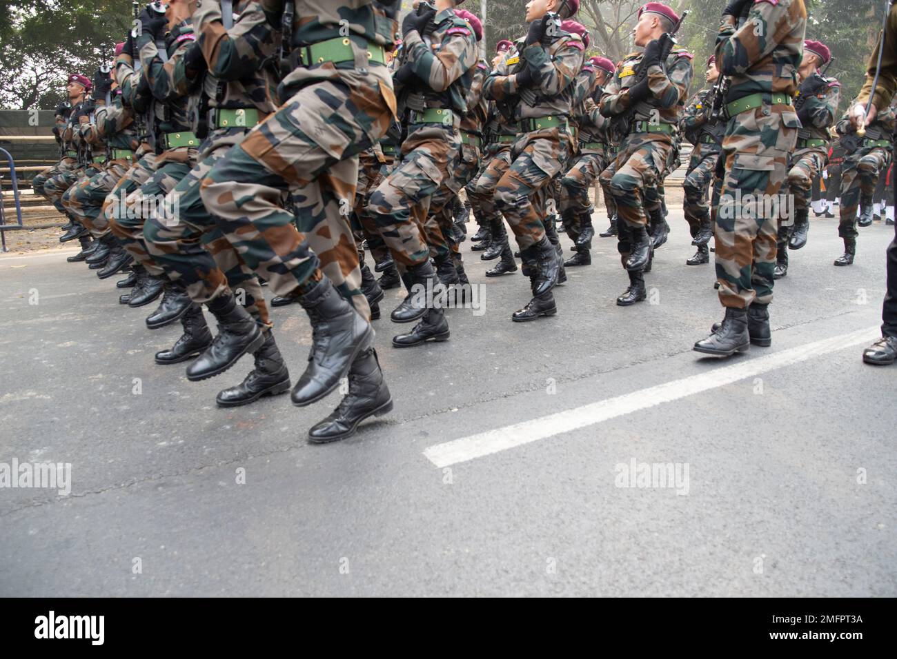 Kolkata, India. 25th Jan, 2023. As India is all set to commemorate its 74th Republic Day celebration on January 26, the full-dress rehearsal of the Republic Day Parade was held at Kolkata Red Road.Indian Army, Indian Navy, Indian Air Force, Assam Rifles, Panjab regiment, Gorkha regiment, Kolkata police, and many schools took part in the Full Dress Parade Rehearsal for Republic Day 2023 in Kolkata. (Photo by Barun Kumar Das/Pacific Press) Credit: Pacific Press Media Production Corp./Alamy Live News Stock Photo