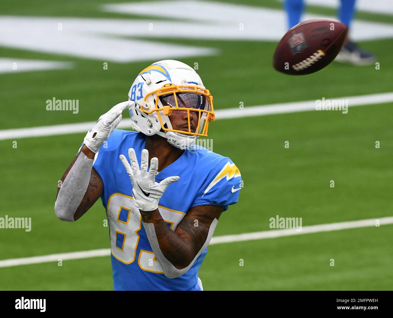 Los Angeles Chargers wide receiver Tyron Johnson (83) working out on the  field before an NFL football game against the Jacksonville Jaguars, Sunday,  October 25, 2020 in Inglewood, Calif. The Chargers defeated