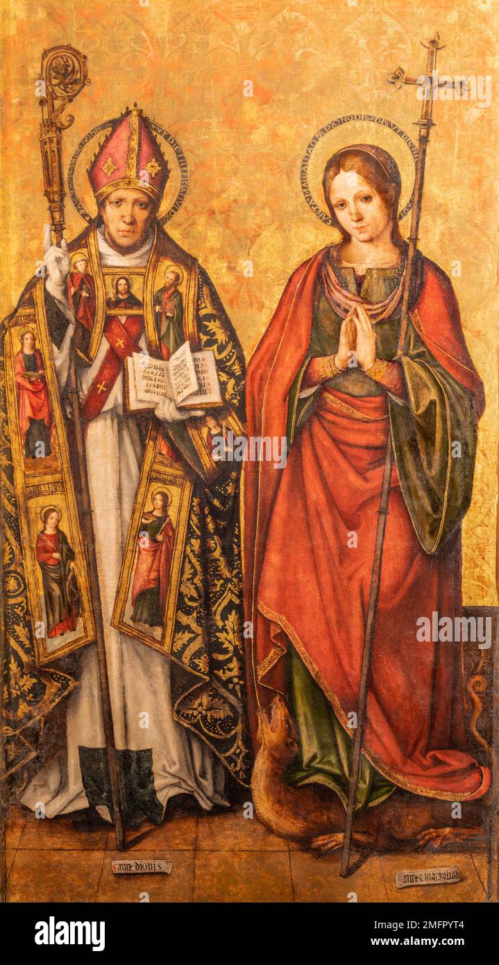VALENCIA, SPAIN - FEBRUAR 14, 2022: The renaissance painting of St. Dionis and St. Margaret in the Cathedral by Arnau Vidal from 13. cent. Stock Photo