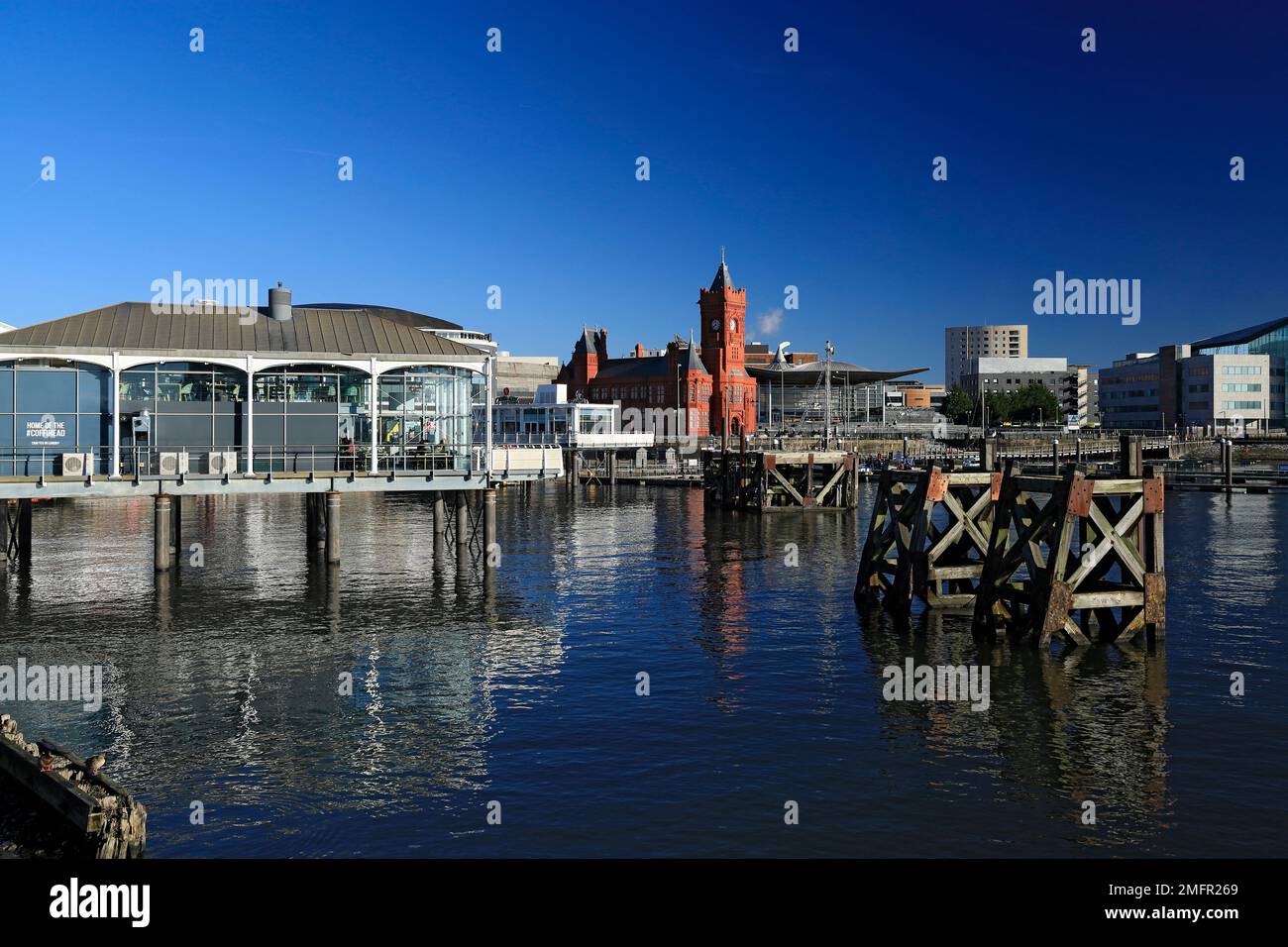 Victorian Pierhead Building Senedd Building and old wooden Dolphins, Cardiff Bay, Cardiff, Wales, UK. Stock Photo