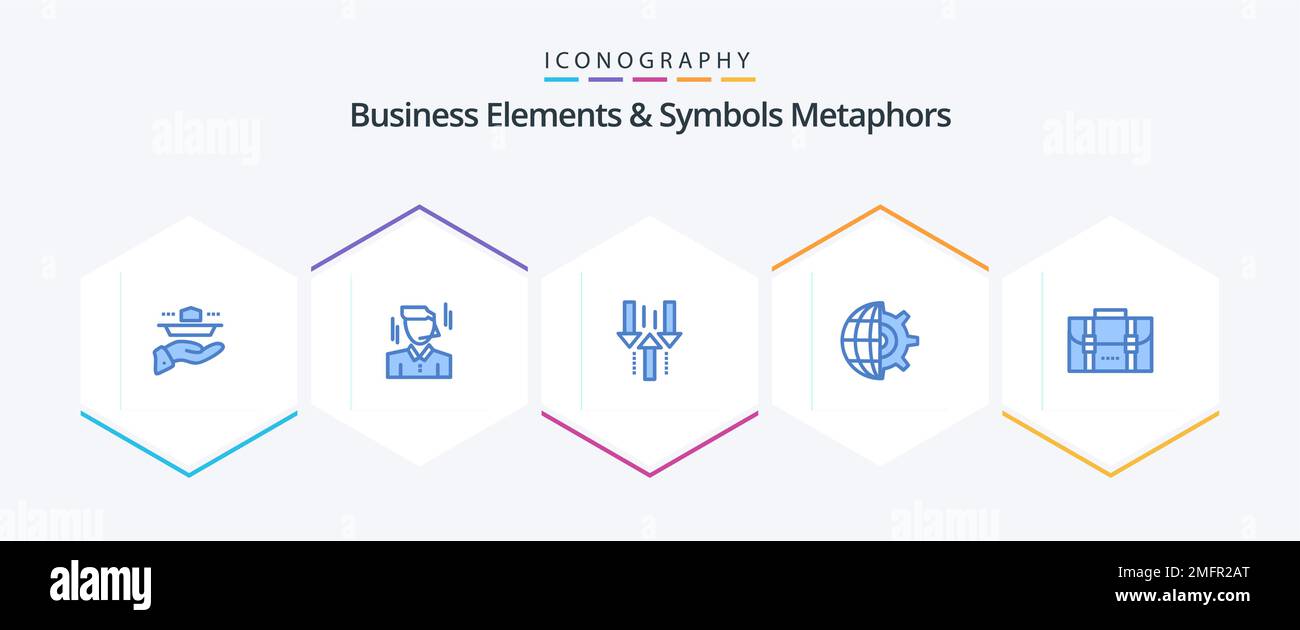 Business Elements And Symbols Metaphors 25 Blue icon pack including business. globe. man. gear. upload Stock Vector