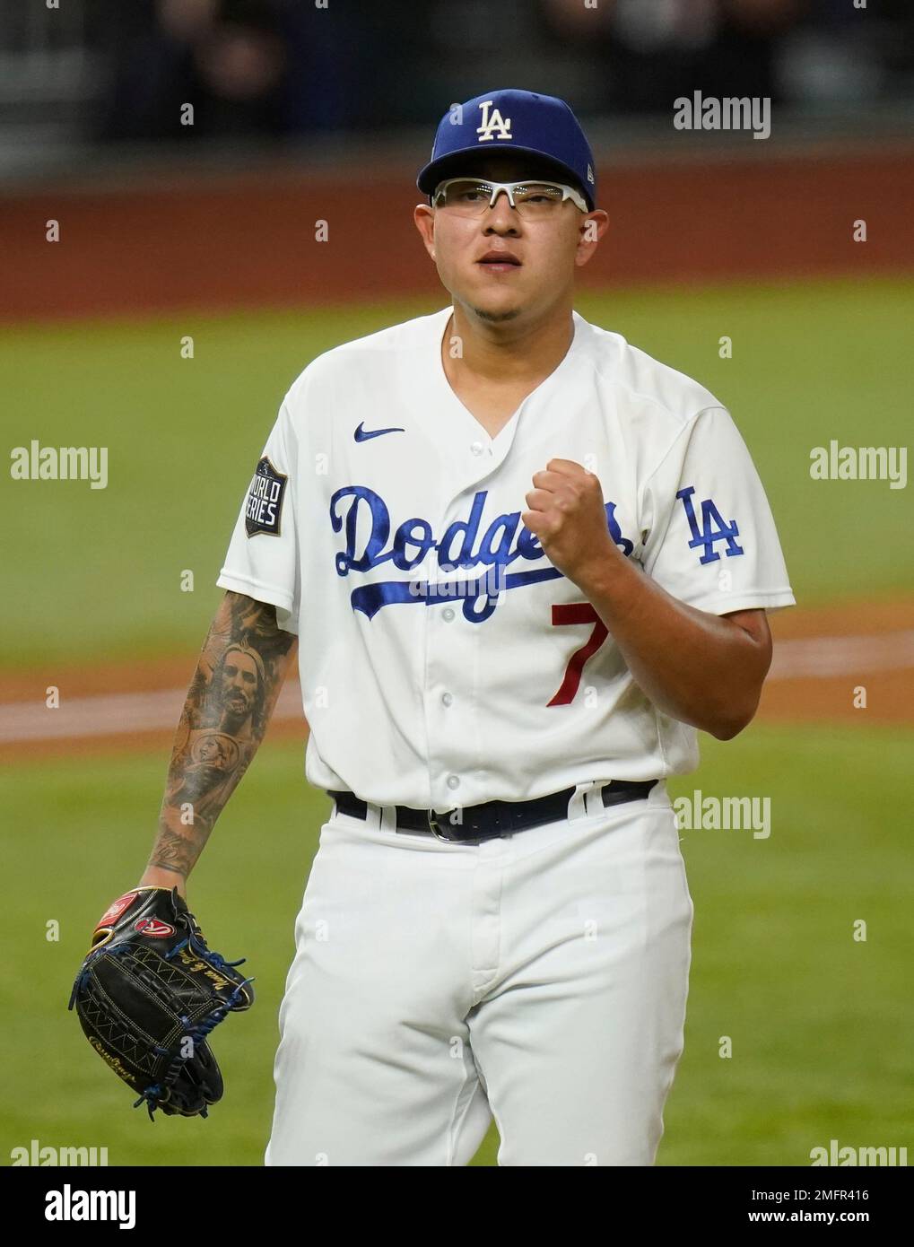 Los Angeles Dodgers pitcher Julio Urias celebrates the end of the