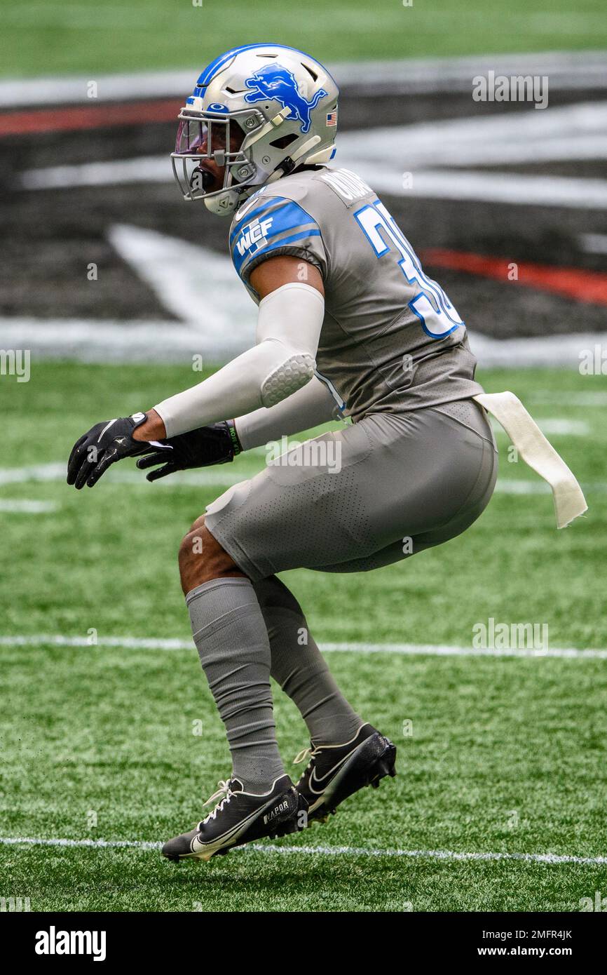 Detroit Lions cornerback Jeff Okudah (30) works during the first half