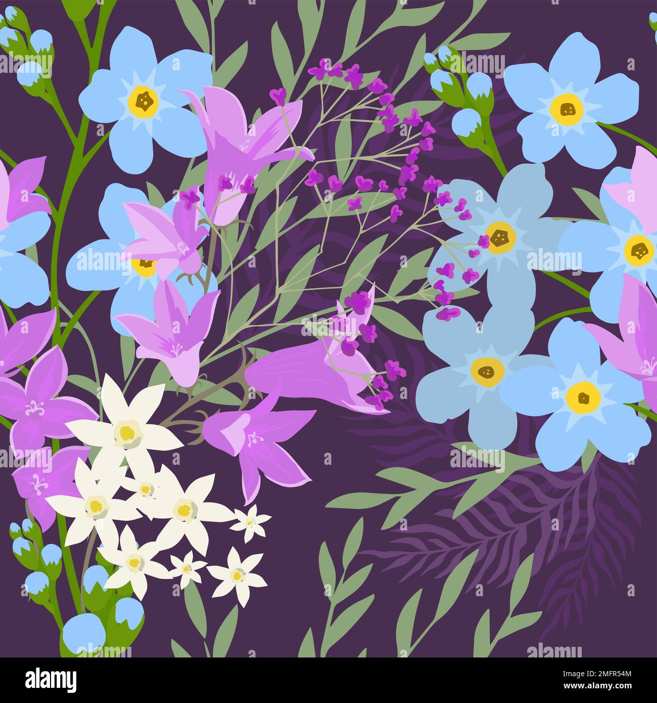 Seamless pattern of and bluebells on a dark background