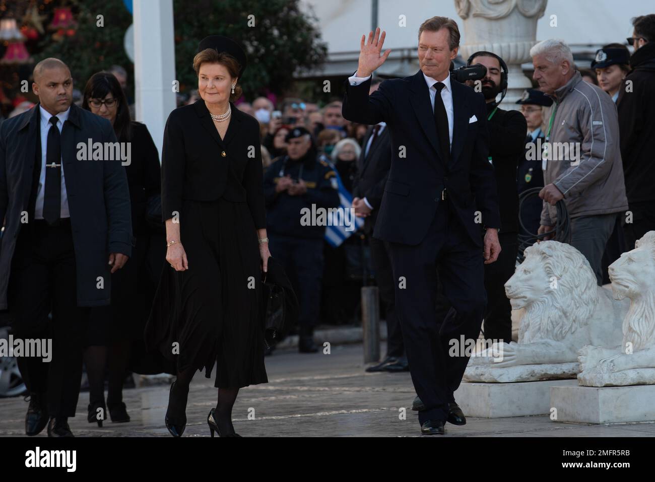 Athens, Greece. 16th January 2023. Grand Duchess Maria Teresa of Luxemburg and Grand Duke Henri of Luxemburg arrive for the funeral of the former King Constantine II of Greece at the Metropolitan Cathedral of Athens. Credit: Nicolas Koutsokostas/Alamy Stock Photo. Stock Photo