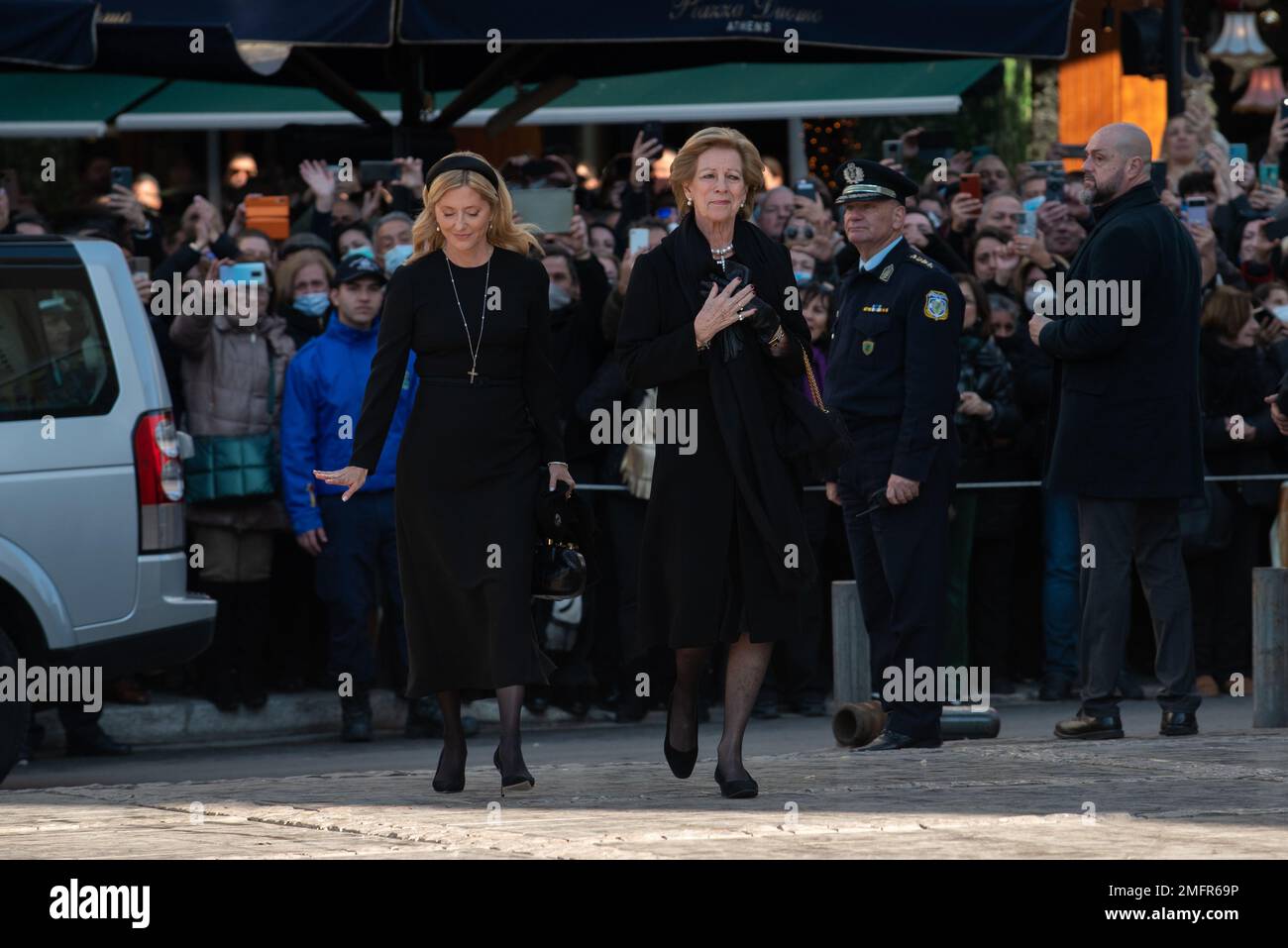Athens, Greece. 16th January 2023. Crown Princess Marie-Chantal and Queen Anne-Marie arrive for the funeral of the former King Constantine II of Greece at the Metropolitan Cathedral of Athens. Credit: Nicolas Koutsokostas/Alamy Stock Photo. Stock Photo
