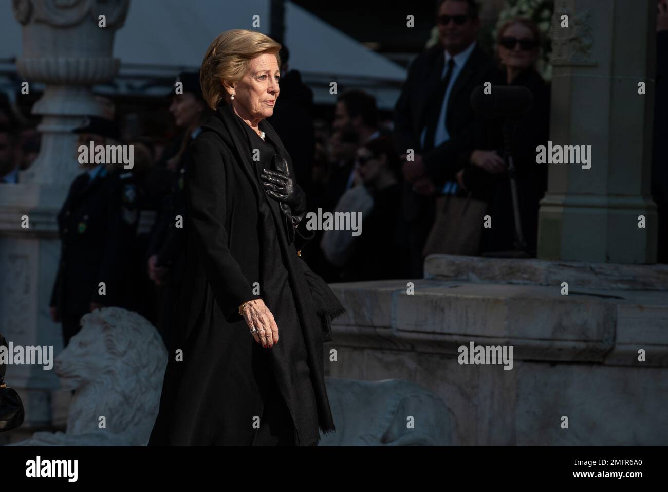 Athens, Greece. 16th January 2023. Queen Anne-Marie arrives for the funeral of the former King Constantine II of Greece at the Metropolitan Cathedral of Athens. Credit: Nicolas Koutsokostas/Alamy Stock Photo. Stock Photo
